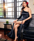 One Shoulder High Slitted Black Velvet Dress